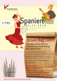 Im Mittelpunkt steht eine Papiertüte mit der Aufschrift "Brown Bag Lunch", die zu einer Infoveranstaltung über Spanien einlädt. Im Hintergrund ist eine Zeichnung einer Flamencotänzerin und eine Zeichnung eines Musikers mit Hut und Gitarre zu erkennen. 