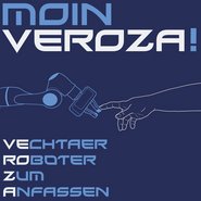 Logo von Moin Veroza. Ein Roboterarm und der Zeigefinger eines Menschen berühren sich. Vechtaer Roboter zum Anfassen.