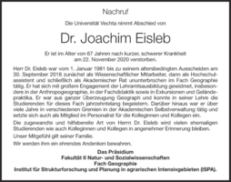 Traueranzeige für Dr. Joachim Eisleb 