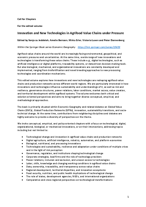Call for Chapters: Innovation in Agrifood Value Chains | Wissenschaftlicher Sammelband herausgegben von Dr. zu Jeddeloh, Prof. Bernzen und Dr. Erler