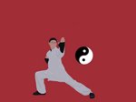 Ein Tai-Chi-Trainer mit Yin- und Yang-Symbol vor rotem Hintergrund