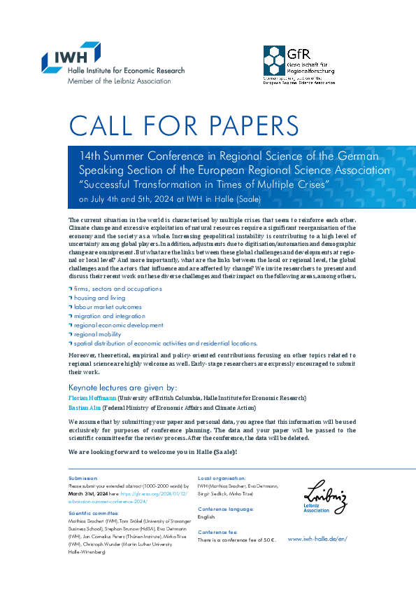 Call for Papers - 14th Summer Conference in Regional Science of the German Speaking Section of the European Regional Science Association “Successful Transformation in Times of Multiple Crises”