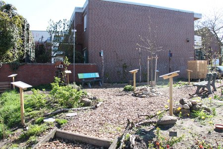 Ein Garten mit Wegen aus Holzhackschnitzeln, Bänken und Infotafeln.