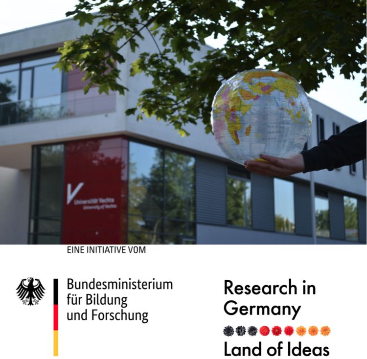 Globe water ball in front of the university building, logo of the Federal Ministry of Education and Research and logo of Research in Germany