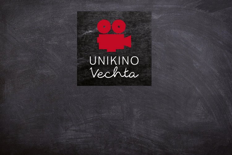 Ein plastischer roter Filmprjektor auf schwarzem Hintergrund. Darunter steht in weißer Schrift "Unikino Vechta".