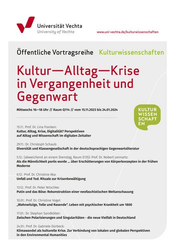 Plakat mit dem Programm der Ringvorlesung Kultur Alltag Krise in Vergangenheit und Gegenwart im Wintersemester 2023-24