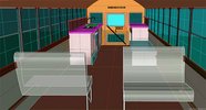 CAD-Skizze des Innenraumes eines amerikanischen Schulbus mit fest verbauten Elementen wie Küchenzeile und Sitzgelegenheiten
