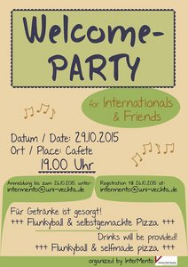 There is a green box with the inscription "Welcome Party". Some musical notes are spread on the poster. The event invites to a get-together with games, pizza and drinks.