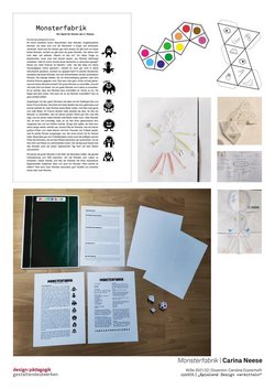 Es sind Skizzen und erste Prototypen des Spiels "Monsterfabrik" abgebildet.