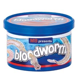 Fischköderdose mit "Bloodworm"-Motiven.