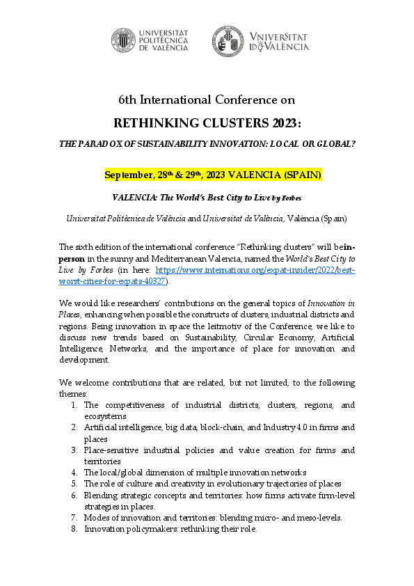 Call for Papers and Tracks | Rethinking Clusters 2023 | VI° International Conference on Cluster Research – 2023 – University of Valencia and Universitat Politècnica de València, Spain
