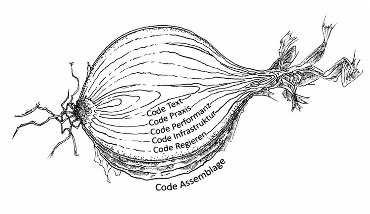 Strichzeichnung einer zwiebelähnlichen Knolle. Computercode in seinen Dimensionen.