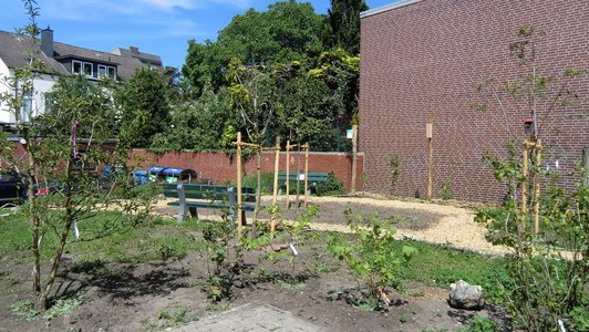 Im Vordergrund Obststräucher, dahinter ein Weg aus Holzhackschnitzeln, im Hintergrund ein Spalier vor der Fassade.