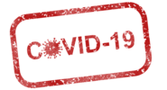 Roter Schriftzug "Covid-19" in Optik eines Stempels