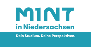 Logo von MINT in Niedersachsen, Schriftzug MINT in blau auf weißem Hintergrund, darunter der Text: In Niedersachsen. Darunter der Text: Dein Studium. Deine Perspektiven. 