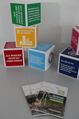 Würfel zu den Sustainable Development Goals und Programmhefte