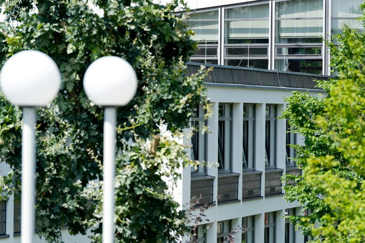 Exterior view of building E and assembly hall. In the foreground, there are trees and the bridge’s lamps. In the background, there are rows of windows of the buildings (photo: University of Vechta/Meckel). 