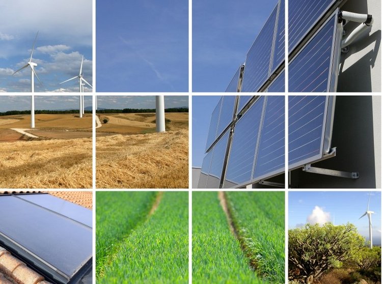 Collage mit Windmühlen, Solaranlagen, Grünflächen