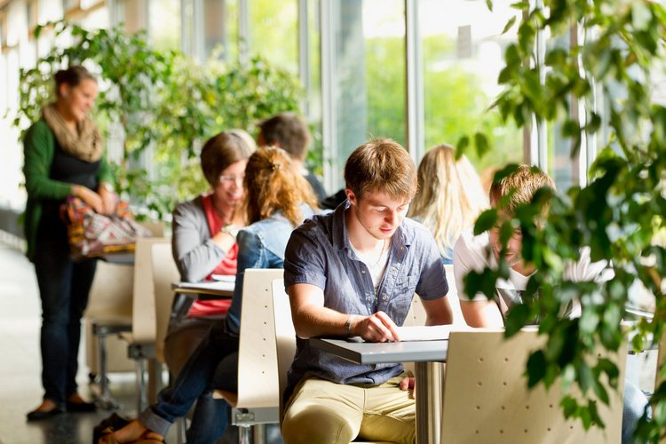  People sitting in the main building of the university of Vechta