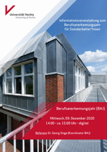 Plakat zur Infoveranstaltung BAJ mit der Bibliothek der Uni Vechta im Hintergrund