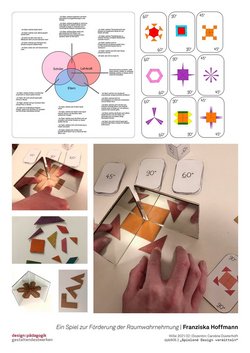 Es sind Skizzen und erste Prototypen des Spiels "zur Förderung zur Raumwahrnehmung" von Franziska Hoffmann abgebildet.