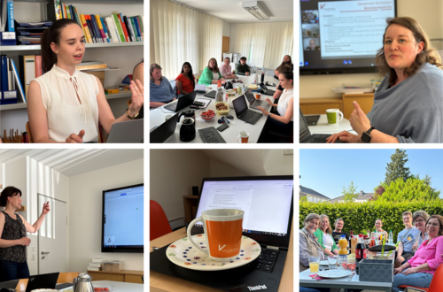 zu sehen ist eine Collage aus sechs Einzelbildern, die am Tag des Workshops aufgenommen wurden. in der ersten Zeile sind drei Bilder zu sehen. Auf dem ersten Bild schaut eine Doktorandin auf ihren vor ihr liegenden aufgeschlagenen Laptop und erläutert dabei etwas. Auf dem zweiten Bild ist ein langer Tisch im Konferenzzimmer der Mathematik zu sehen. Es sitzen mehrere Personen an diesem tisch. Es sind acht Personen zu erkennen. Vor allen Personen liegt jeweils ein tablet oder ein Laptop. es ind auch Kaffeekannen, tassen, Kekse und Erdbeeren auf dem Tisch zu sehen. Das dritte Bild zeigt eine Dozentin, die gerade direkt in die Kamera blickt. Im Hintergrund sieht man einen Bildschirm auf dem ein Meeting mit weiteren Teilnehmenden des Workshops und eine Folie mit Text zu sehen sind. In der zweiten Bilderzeile sind wieder drei Bilder zu sehen. Auf dem ersten Bild steht links im Bild eine Dozentin und weist mit ihrer linken hand auf den Bildschirm. Das zweite Bild zeigt ein Stilleben auf dem ein geöffneter Laptop zu sehen ist auf dem eine leere Kaffeetasse mit Uni-Vechta-Logo, die auf einem leeren Teller positioniert ist, steht. Das letzte Bild zeigt einen gedeckten Tisch in einem Garten mit sieben Personen, die in die Kamera schauen. 