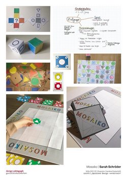 Es sind Skizzen und erste Prototypen des Spiels "Mosaiko" von Sarah Schröder abgebildet.