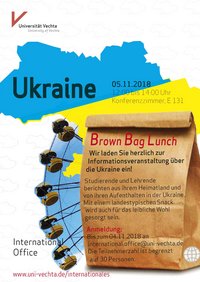 The main subject is a brown paper bag, that invites to the Brown Bag Lunch for the Ukraine. In the background you can see the outlines of the Ukraine in yellow and blue and also a fairy wheel. 