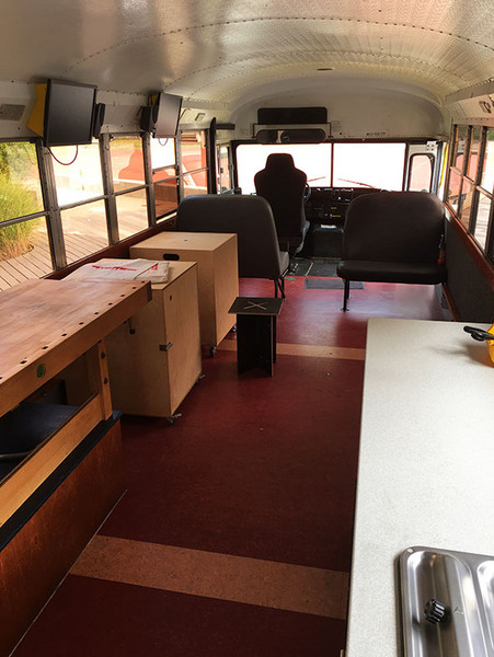 Innenansicht eines umgebauten Schulbus, Blick von hinten nach vorne. Rechts ist eine Küche zu erkennen und links verteilen sich Arbeitsplätze bis zum Fahrersitz.