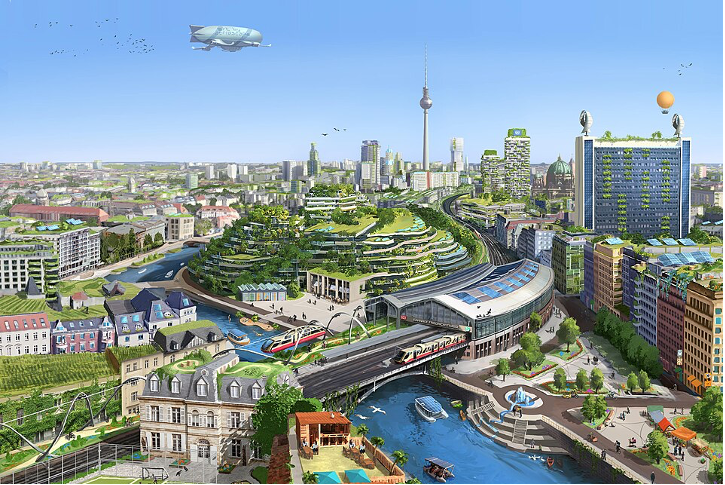 Utopia 2048 – Berlin Friedrichstraße, Quelle: Berlin Friedrichstraße Utopia 2048 by Lino Zeddies & Aerroscape, CC BY-SA 4.0.