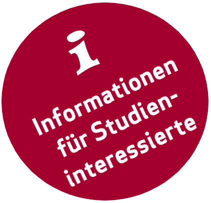 roter Kreis, innen weiße Beschriftung "Informationen für Studieninteressierte"