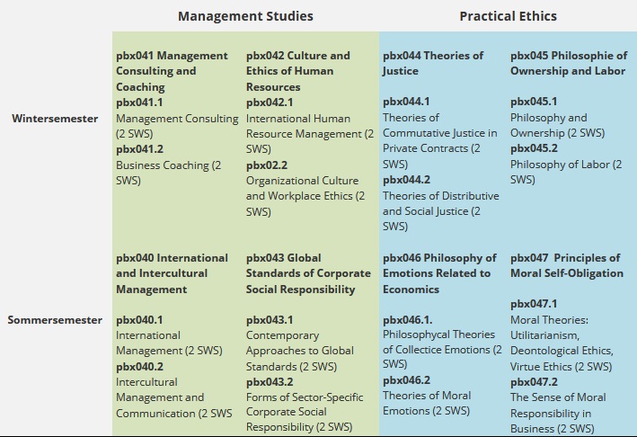 CIME: Module overview for the winter and summer semster All possible modules for the CIME in the winter and summer semester are listed here in a grey, green and blue-coloured table.