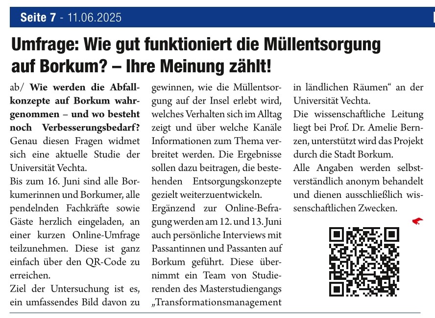 Studierende des Master Transformationsmanagement führen Umfrage zur Müllentsorgung auf Borkum durch