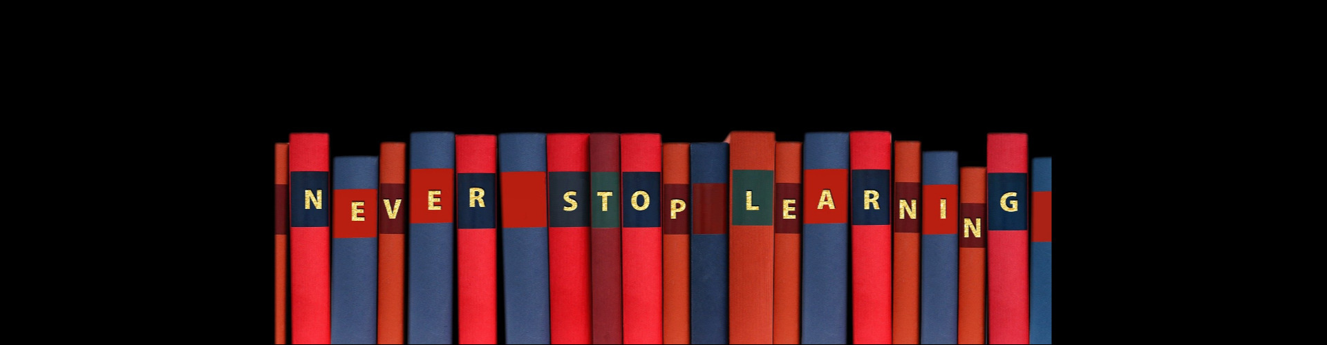 Bunte Buchrücken mit der Aufschrift "NEVER STOP LEARNING"