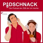 Überschrift: Podschnack, der Podcast der ZSB, darunter sind 2 Personen mit Kopfhörern abgebildet.