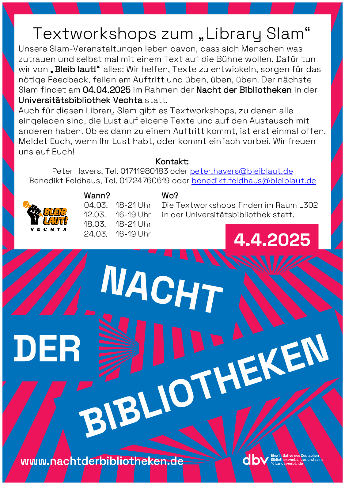 Textworkshops zum "Library Slam" ab dem 04.03.